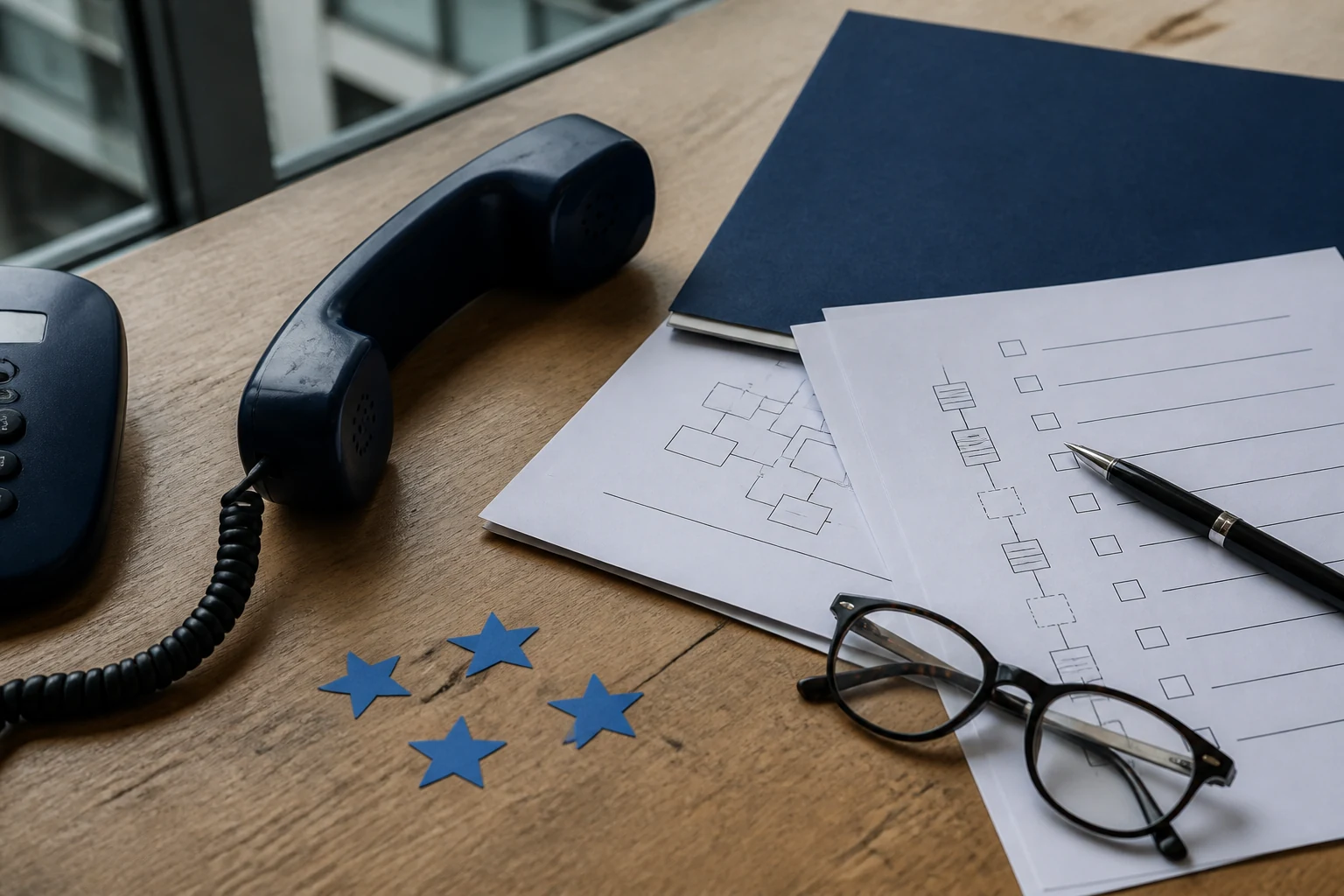 Telefonhörer und Prüfunterlagen für die Governance eines KI-Telefonassistenten