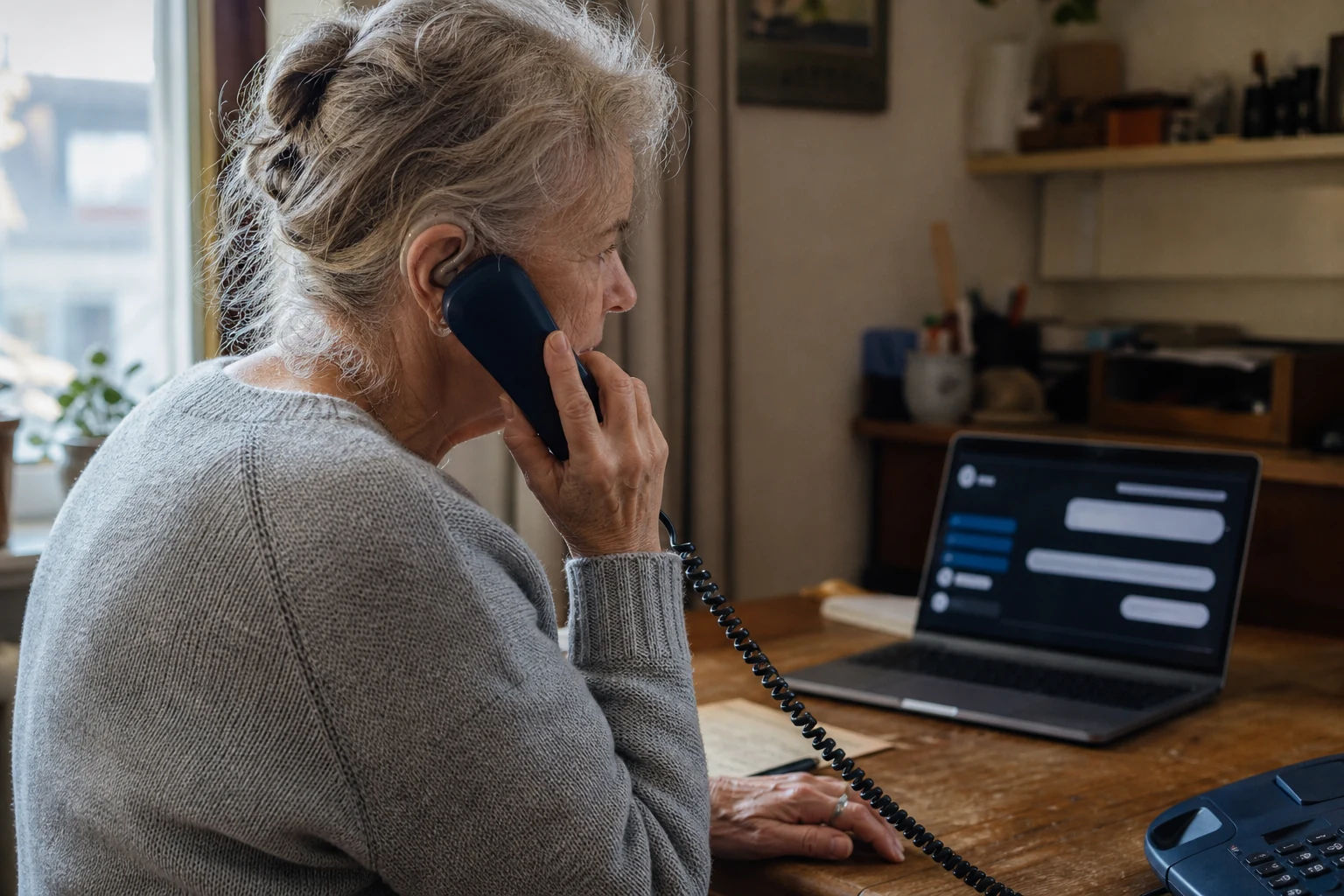 Ältere Frau mit Hörgerät telefoniert an einem Tisch neben einem geöffneten Textkanal