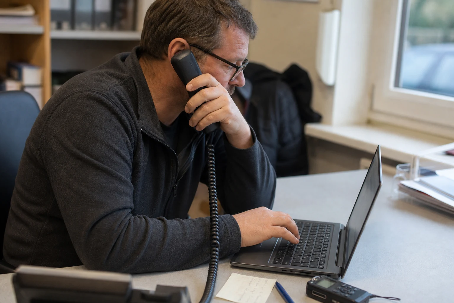 Mitarbeiter überträgt einen Telefonanruf in strukturierte Felder statt in eine Aufnahme