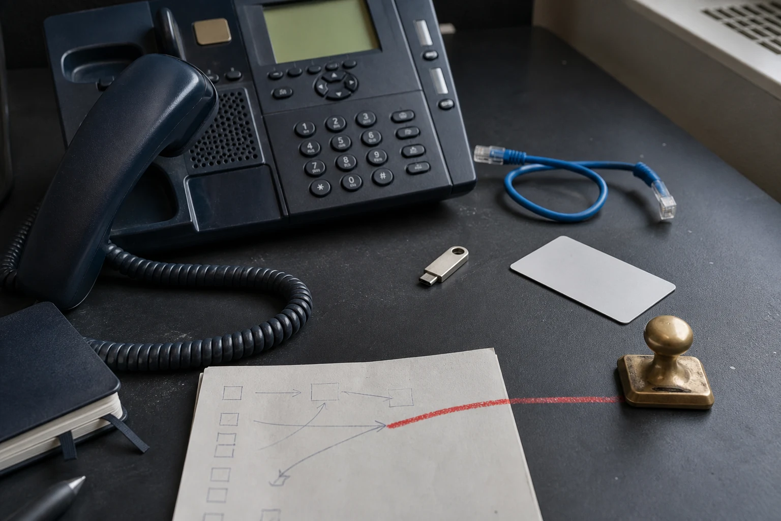 Telefon, Hardware-Schlüssel und Prüfplan auf einem Schreibtisch zur Absicherung von Telefon-KI