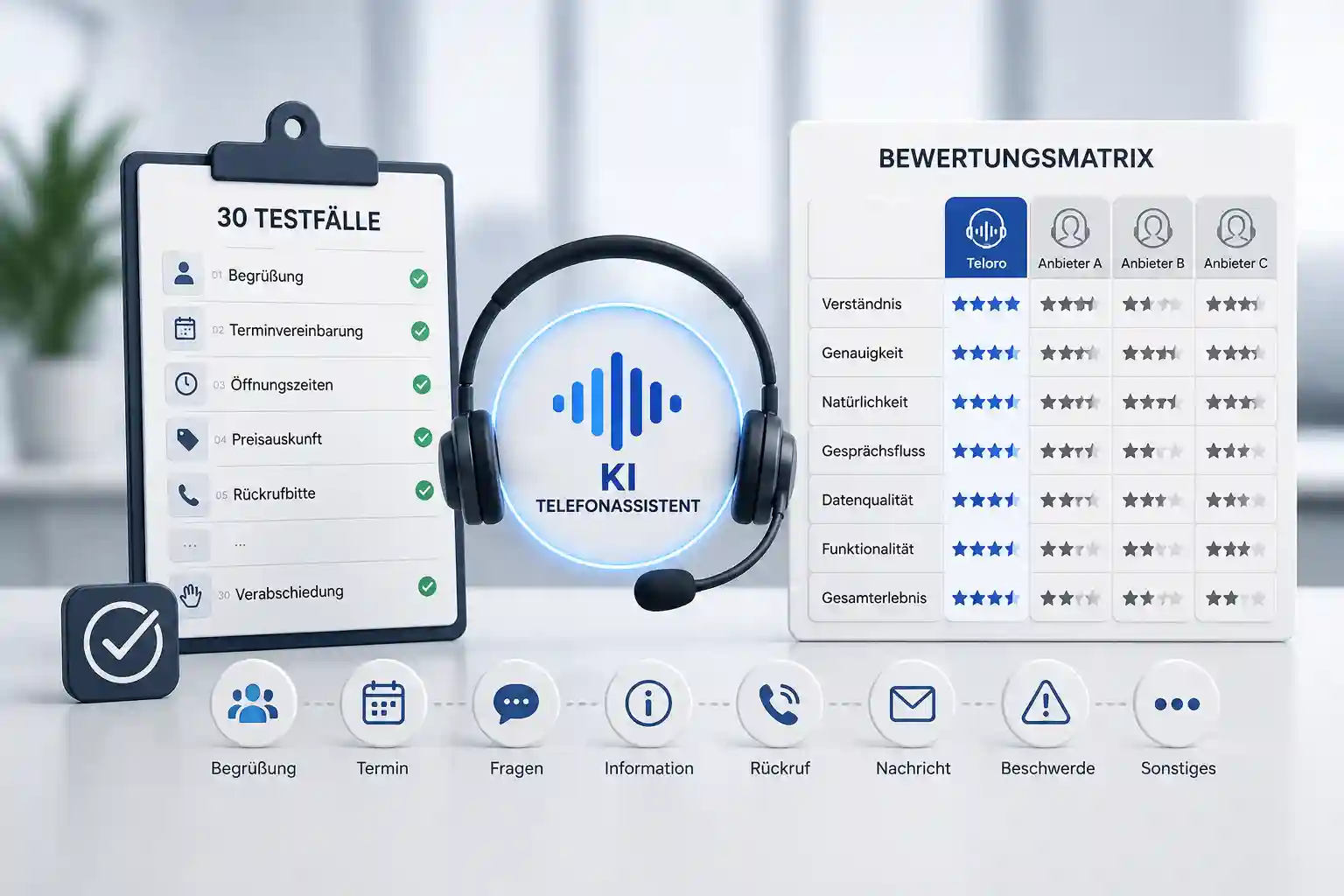 Testübersicht und Bewertungsmatrix für einen KI-Telefonassistenten