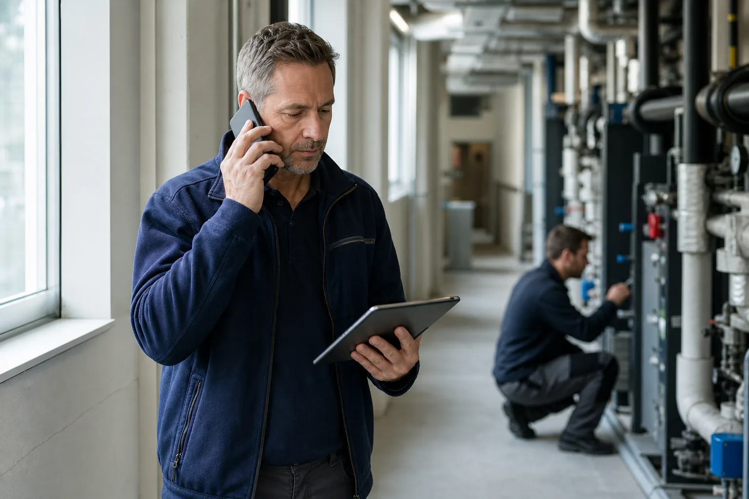 Handwerker nimmt während eines Einsatzes einen Anruf entgegen
