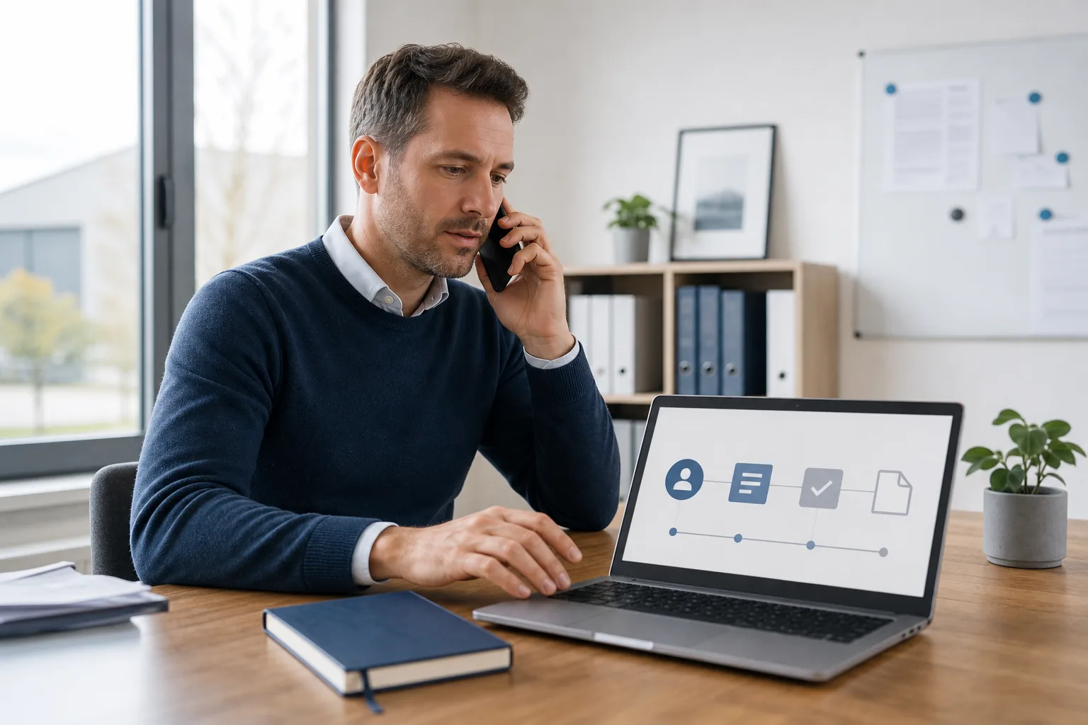 Mitarbeiter überführt eine telefonische Kundenanfrage in einen strukturierten digitalen Folgeprozess